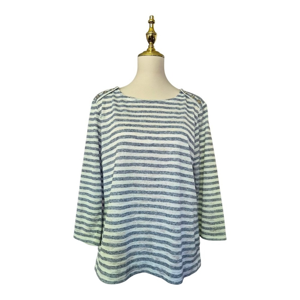 Karl Lagerfeld Paris Women's Top Size L Blue White Striped Button Shoulder 3/4 S